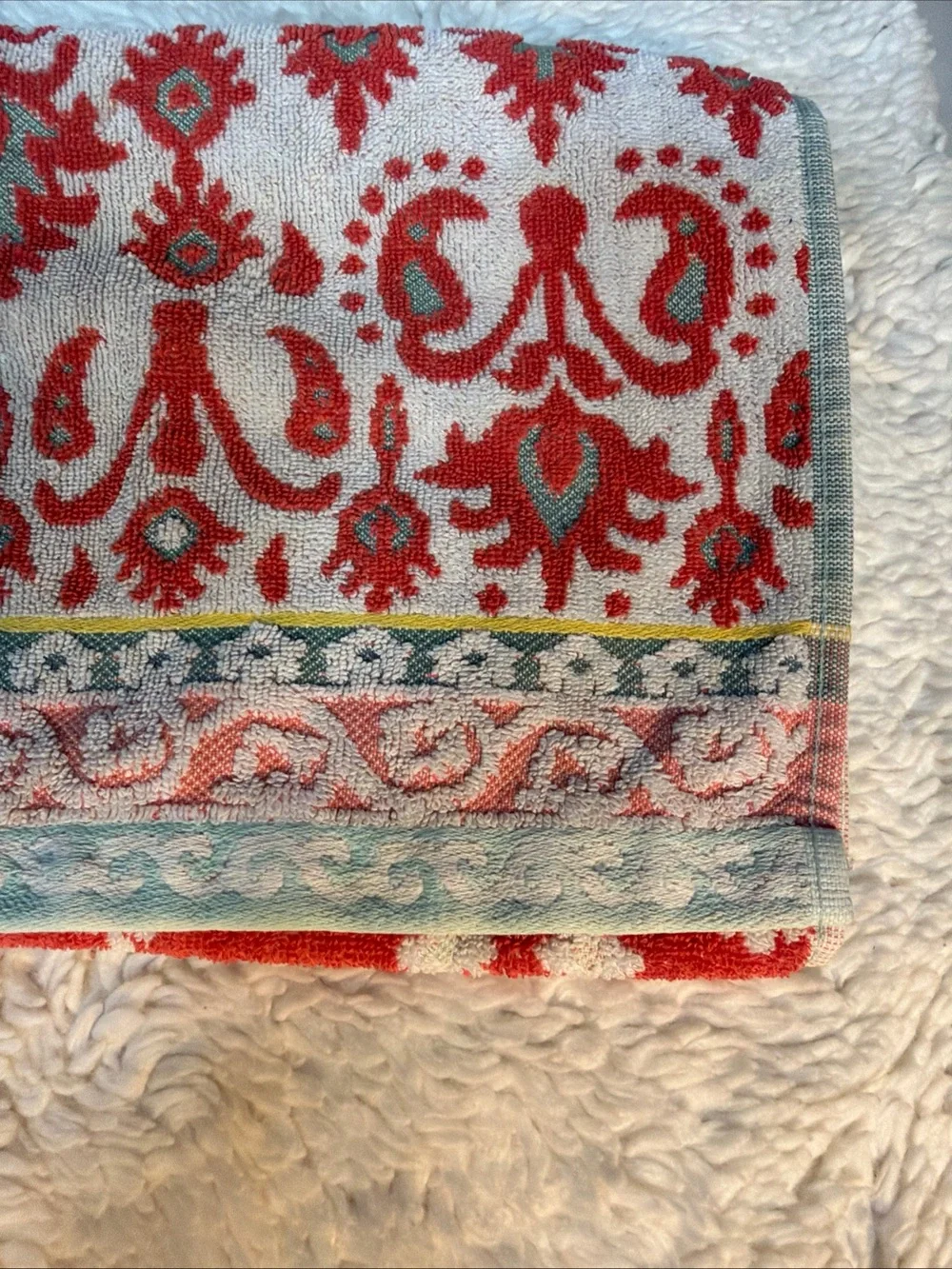 World Market Coral Teal yellow  Damask Pattern kitchen Towel